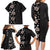 Hawaii Hibiscus and Plumeria Flowers Family Matching Long Sleeve Bodycon Dress and Hawaiian Shirt Tapa Tribal Pattern Half Style Grayscale Mode