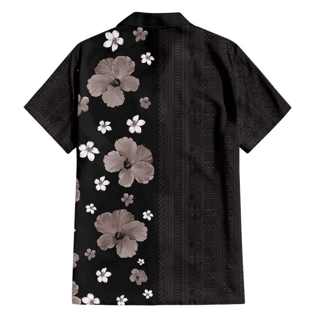Hawaii Hibiscus and Plumeria Flowers Family Matching Long Sleeve Bodycon Dress and Hawaiian Shirt Tapa Tribal Pattern Half Style Grayscale Mode
