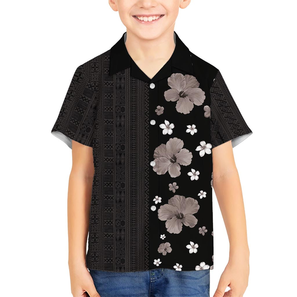 Hawaii Hibiscus and Plumeria Flowers Family Matching Long Sleeve Bodycon Dress and Hawaiian Shirt Tapa Tribal Pattern Half Style Grayscale Mode