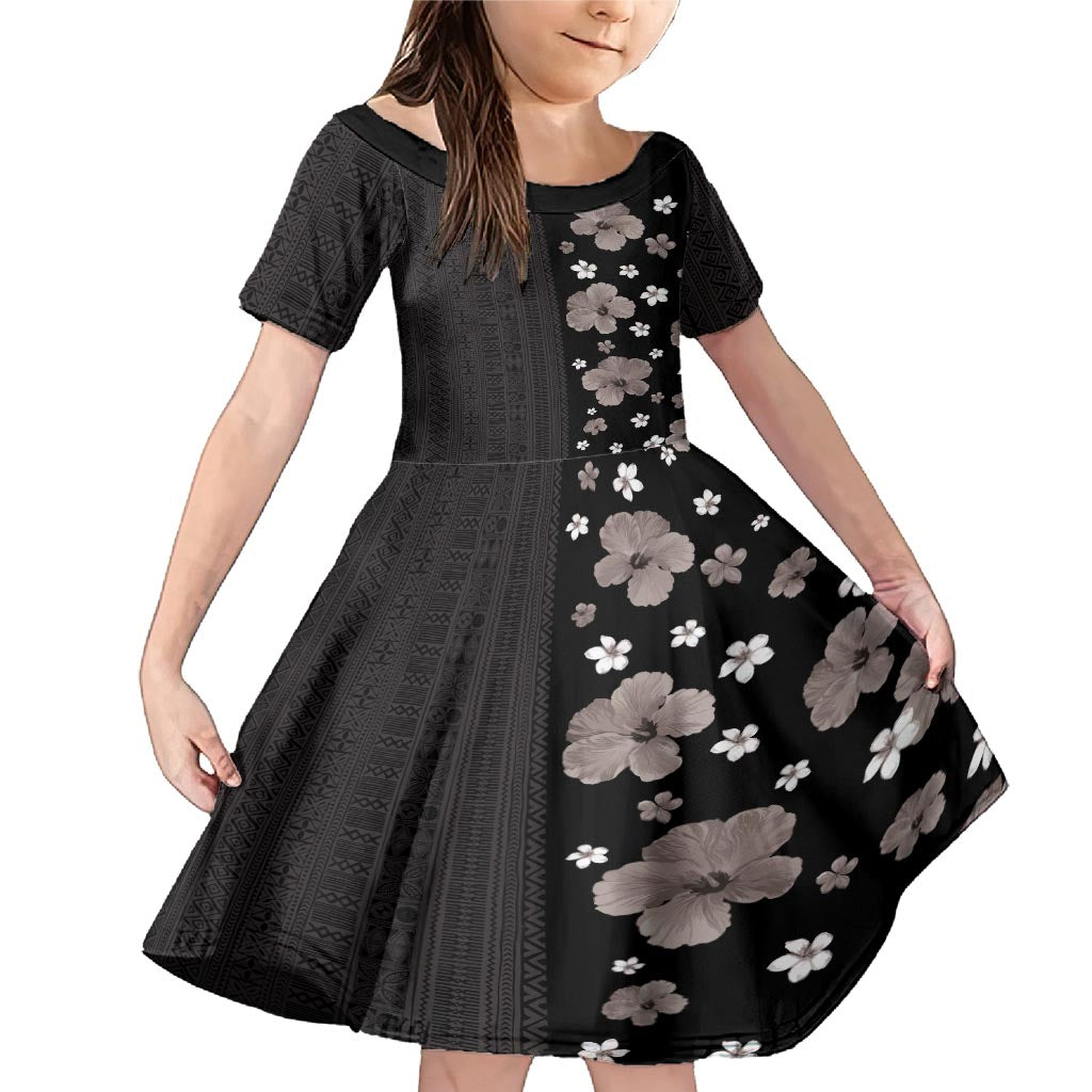 Hawaii Hibiscus and Plumeria Flowers Family Matching Mermaid Dress and Hawaiian Shirt Tapa Tribal Pattern Half Style Grayscale Mode