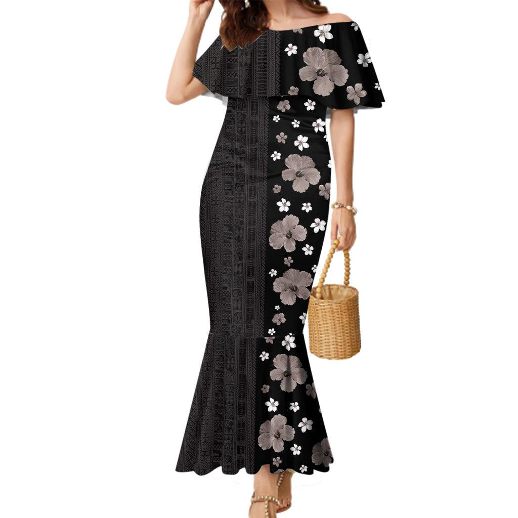 Hawaii Hibiscus and Plumeria Flowers Family Matching Mermaid Dress and Hawaiian Shirt Tapa Tribal Pattern Half Style Grayscale Mode