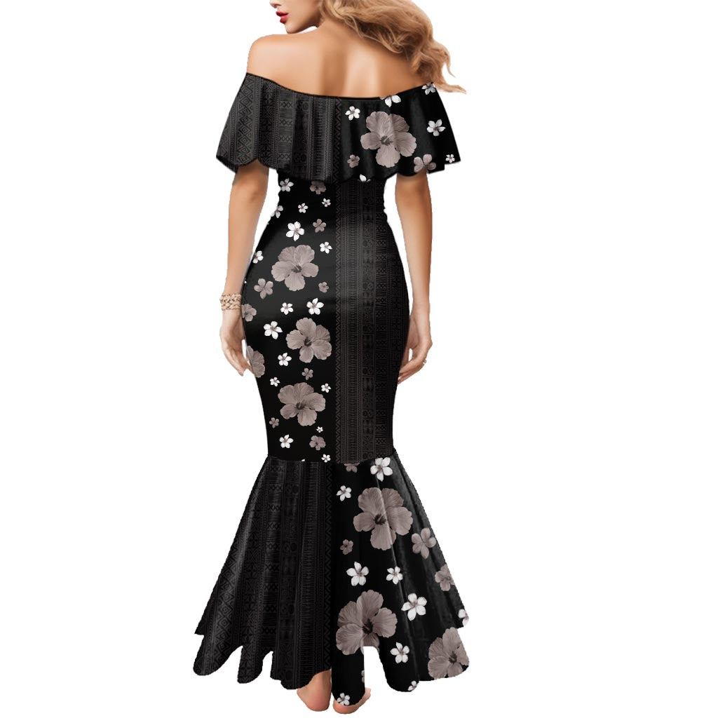 Hawaii Hibiscus and Plumeria Flowers Family Matching Mermaid Dress and Hawaiian Shirt Tapa Tribal Pattern Half Style Grayscale Mode