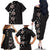 Hawaii Hibiscus and Plumeria Flowers Family Matching Off The Shoulder Long Sleeve Dress and Hawaiian Shirt Tapa Tribal Pattern Half Style Grayscale Mode