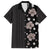 Hawaii Hibiscus and Plumeria Flowers Family Matching Off The Shoulder Long Sleeve Dress and Hawaiian Shirt Tapa Tribal Pattern Half Style Grayscale Mode