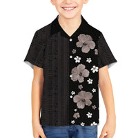Hawaii Hibiscus and Plumeria Flowers Family Matching Off The Shoulder Long Sleeve Dress and Hawaiian Shirt Tapa Tribal Pattern Half Style Grayscale Mode