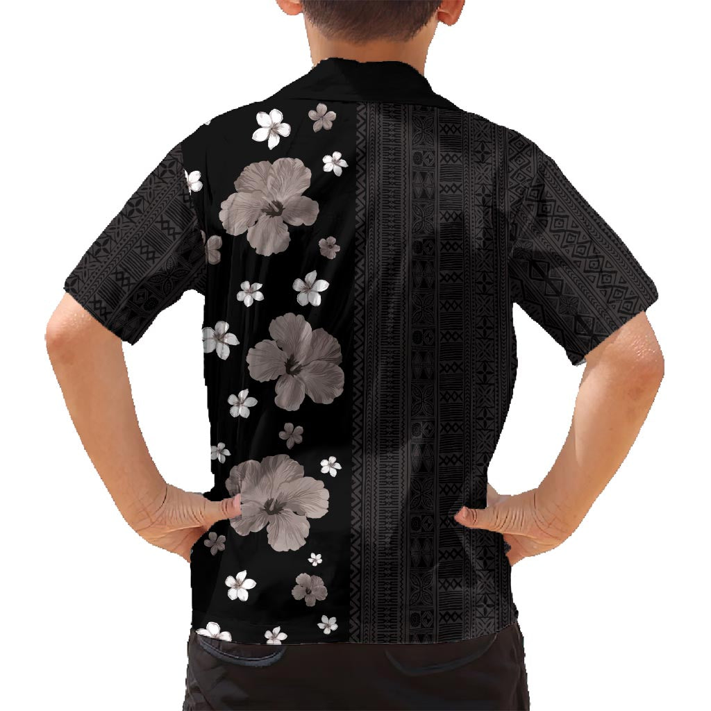 Hawaii Hibiscus and Plumeria Flowers Family Matching Off Shoulder Maxi Dress and Hawaiian Shirt Tapa Tribal Pattern Half Style Grayscale Mode