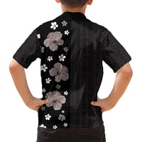Hawaii Hibiscus and Plumeria Flowers Family Matching Off Shoulder Maxi Dress and Hawaiian Shirt Tapa Tribal Pattern Half Style Grayscale Mode