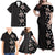 Hawaii Hibiscus and Plumeria Flowers Family Matching Off Shoulder Maxi Dress and Hawaiian Shirt Tapa Tribal Pattern Half Style Grayscale Mode