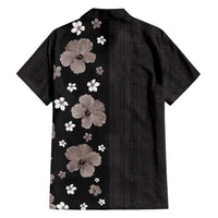 Hawaii Hibiscus and Plumeria Flowers Family Matching Off Shoulder Maxi Dress and Hawaiian Shirt Tapa Tribal Pattern Half Style Grayscale Mode