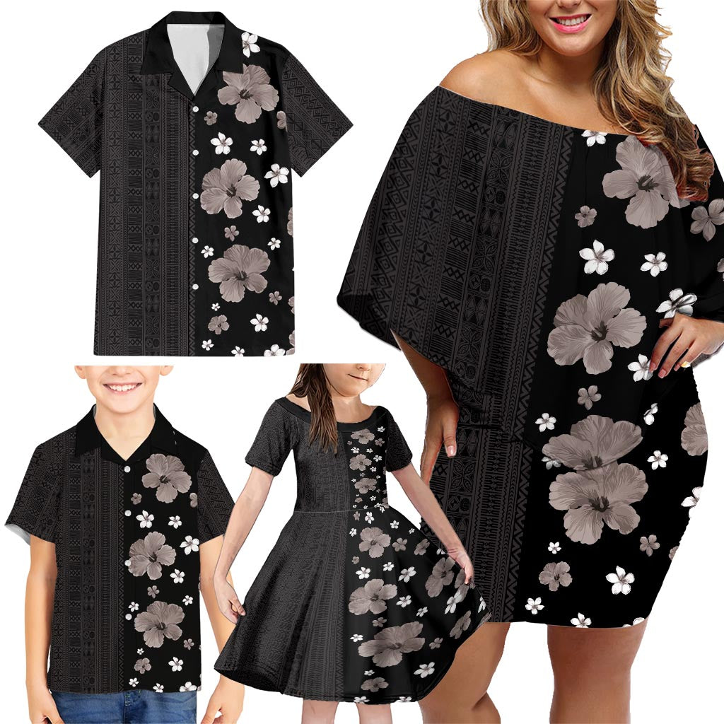 Hawaii Hibiscus and Plumeria Flowers Family Matching Off Shoulder Short Dress and Hawaiian Shirt Tapa Tribal Pattern Half Style Grayscale Mode