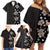 Hawaii Hibiscus and Plumeria Flowers Family Matching Off Shoulder Short Dress and Hawaiian Shirt Tapa Tribal Pattern Half Style Grayscale Mode