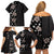 Hawaii Hibiscus and Plumeria Flowers Family Matching Off Shoulder Short Dress and Hawaiian Shirt Tapa Tribal Pattern Half Style Grayscale Mode