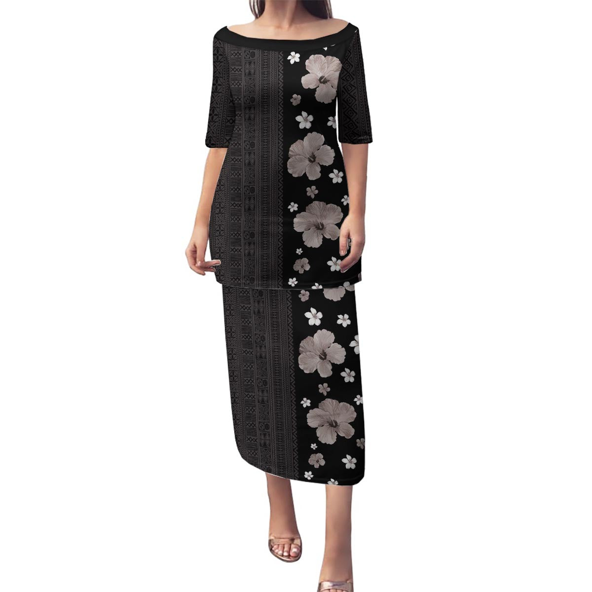 Hawaii Hibiscus and Plumeria Flowers Family Matching Puletasi and Hawaiian Shirt Tapa Tribal Pattern Half Style Grayscale Mode