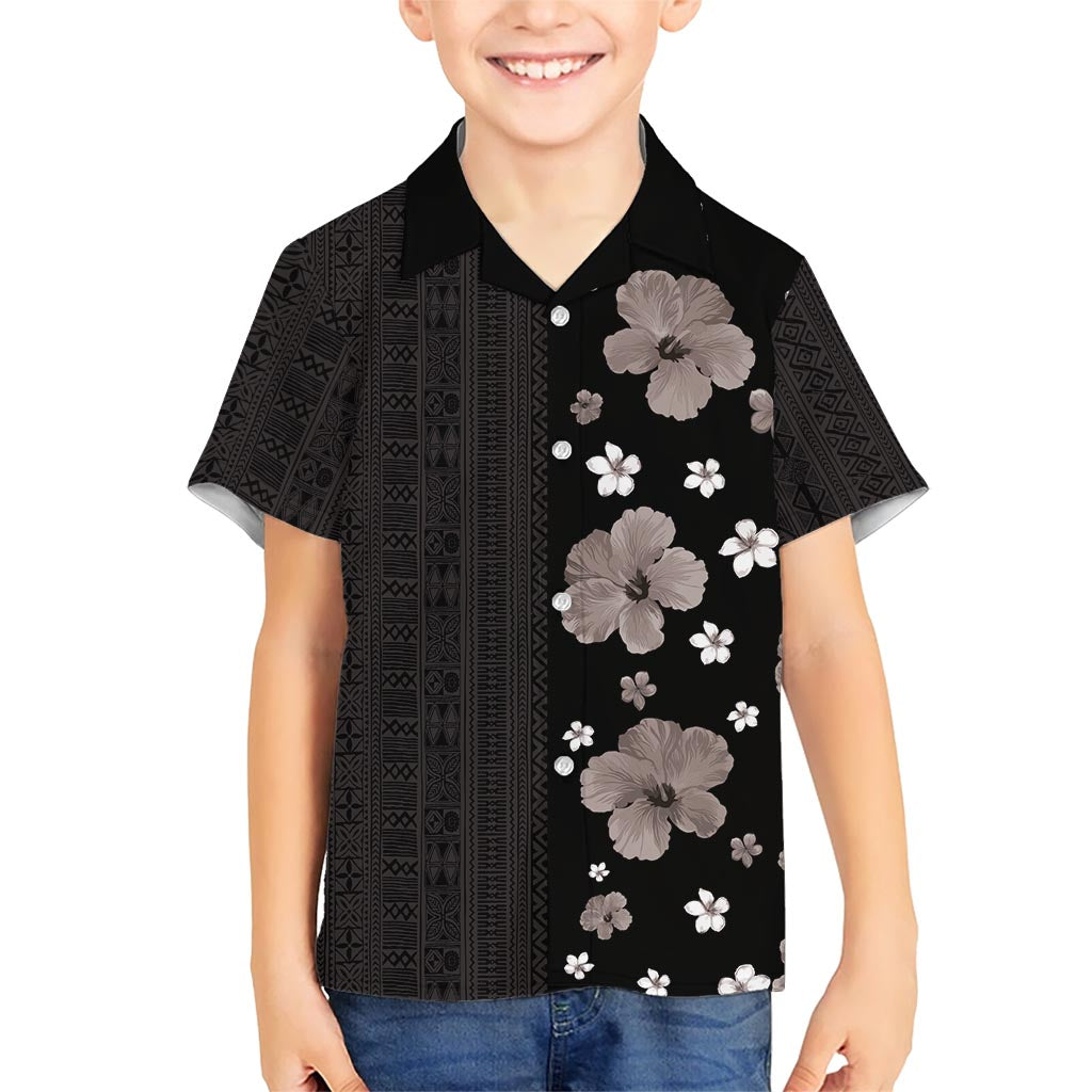Hawaii Hibiscus and Plumeria Flowers Family Matching Short Sleeve Bodycon Dress and Hawaiian Shirt Tapa Tribal Pattern Half Style Grayscale Mode