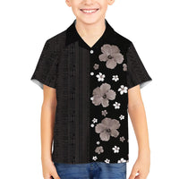 Hawaii Hibiscus and Plumeria Flowers Family Matching Short Sleeve Bodycon Dress and Hawaiian Shirt Tapa Tribal Pattern Half Style Grayscale Mode