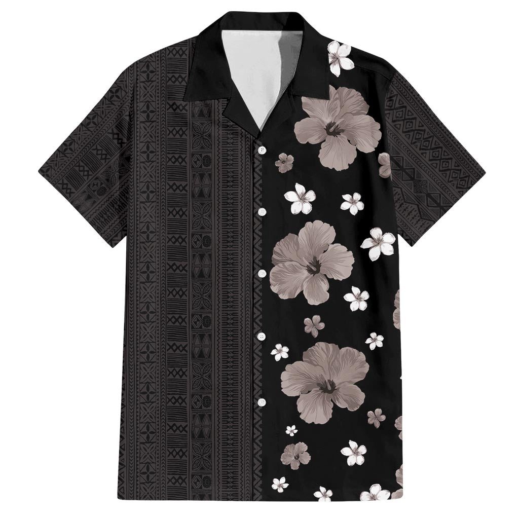 Hawaii Hibiscus and Plumeria Flowers Family Matching Summer Maxi Dress and Hawaiian Shirt Tapa Tribal Pattern Half Style Grayscale Mode LT03 Dad's Shirt - Short Sleeve Black - Polynesian Pride