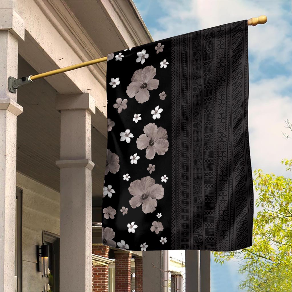 Hawaii Hibiscus and Plumeria Flowers Garden Flag Tapa Tribal Pattern Half Style Grayscale Mode