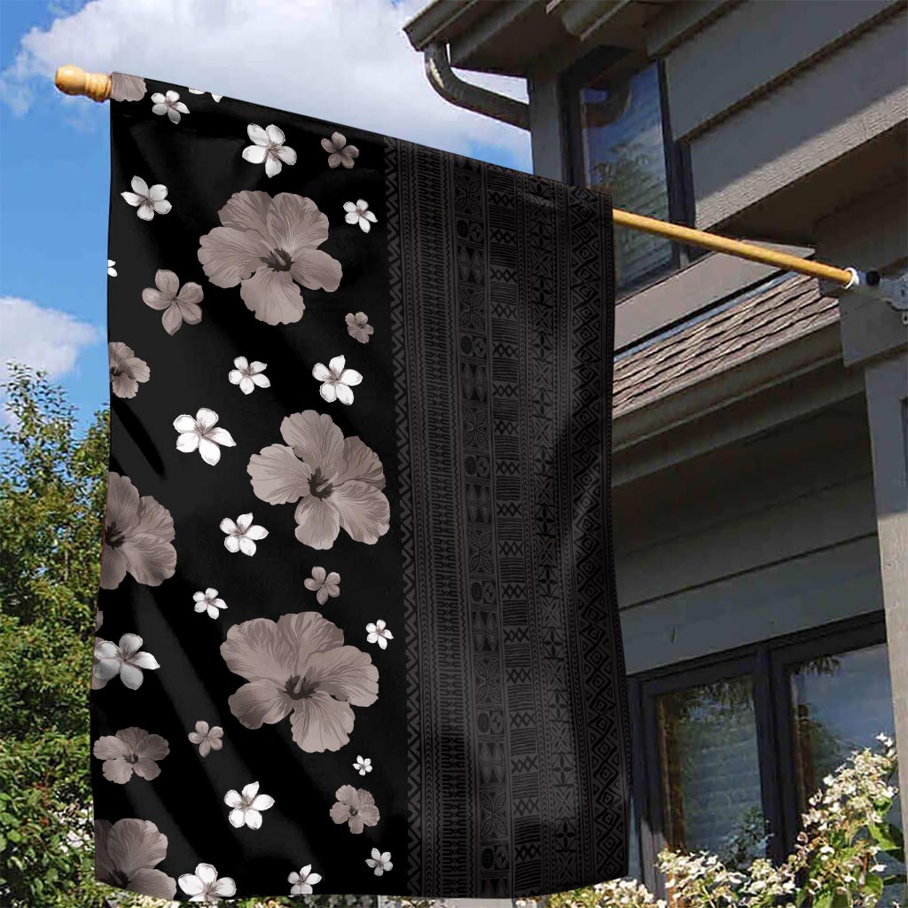 Hawaii Hibiscus and Plumeria Flowers Garden Flag Tapa Tribal Pattern Half Style Grayscale Mode LT03 - Polynesian Pride