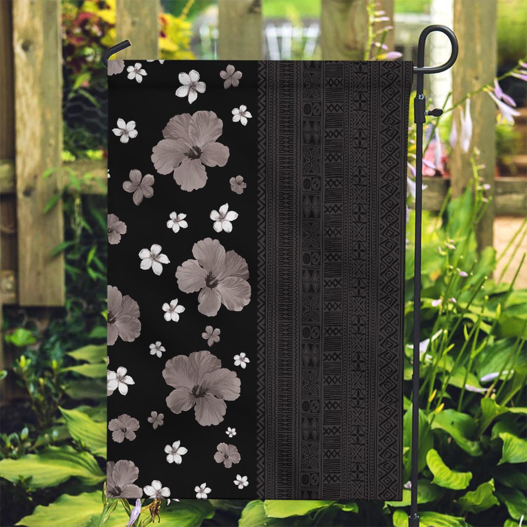 Hawaii Hibiscus and Plumeria Flowers Garden Flag Tapa Tribal Pattern Half Style Grayscale Mode LT03 Garden Flag Black - Polynesian Pride