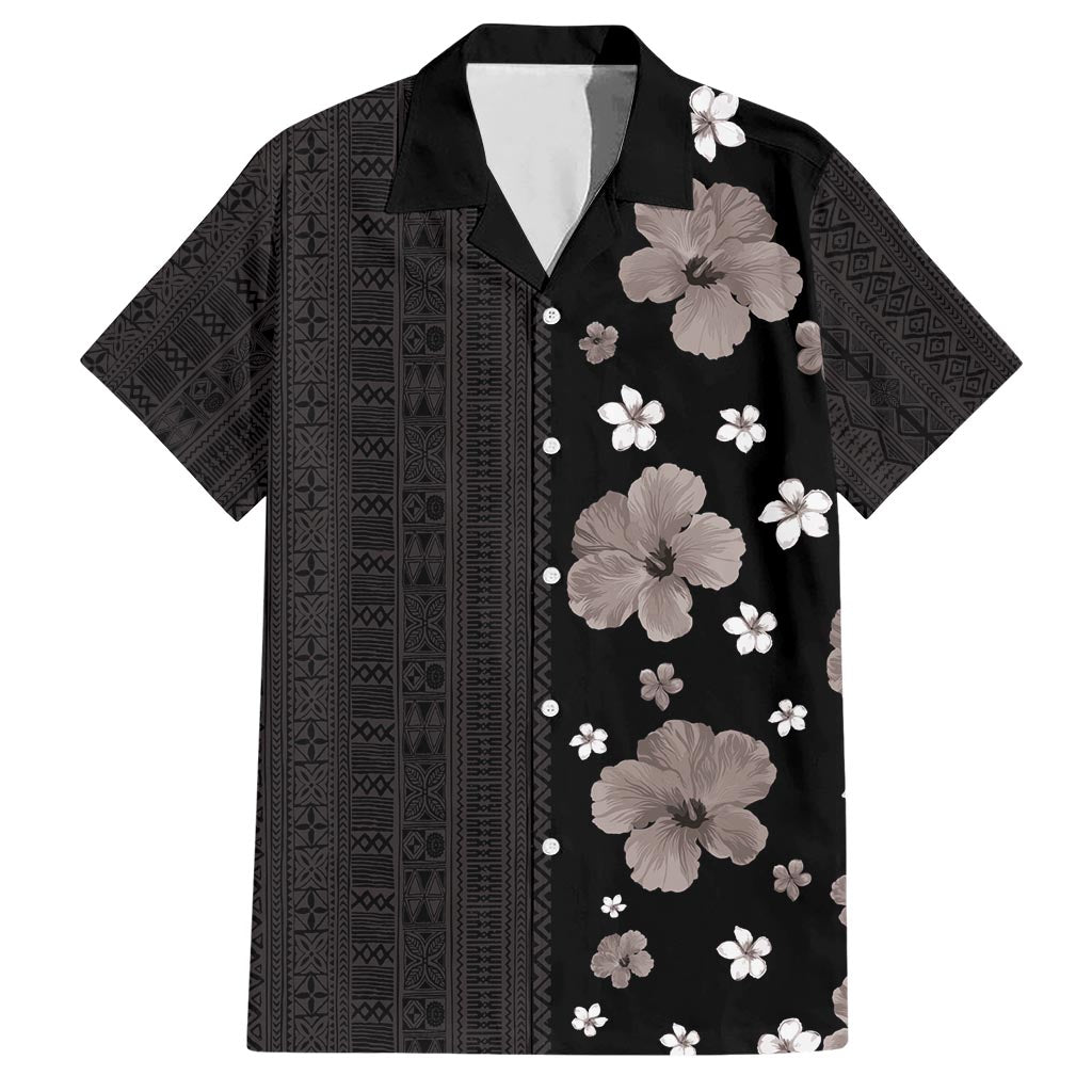 Hawaii Hibiscus and Plumeria Flowers Hawaiian Shirt Tapa Tribal Pattern Half Style Grayscale Mode LT03 Black - Polynesian Pride