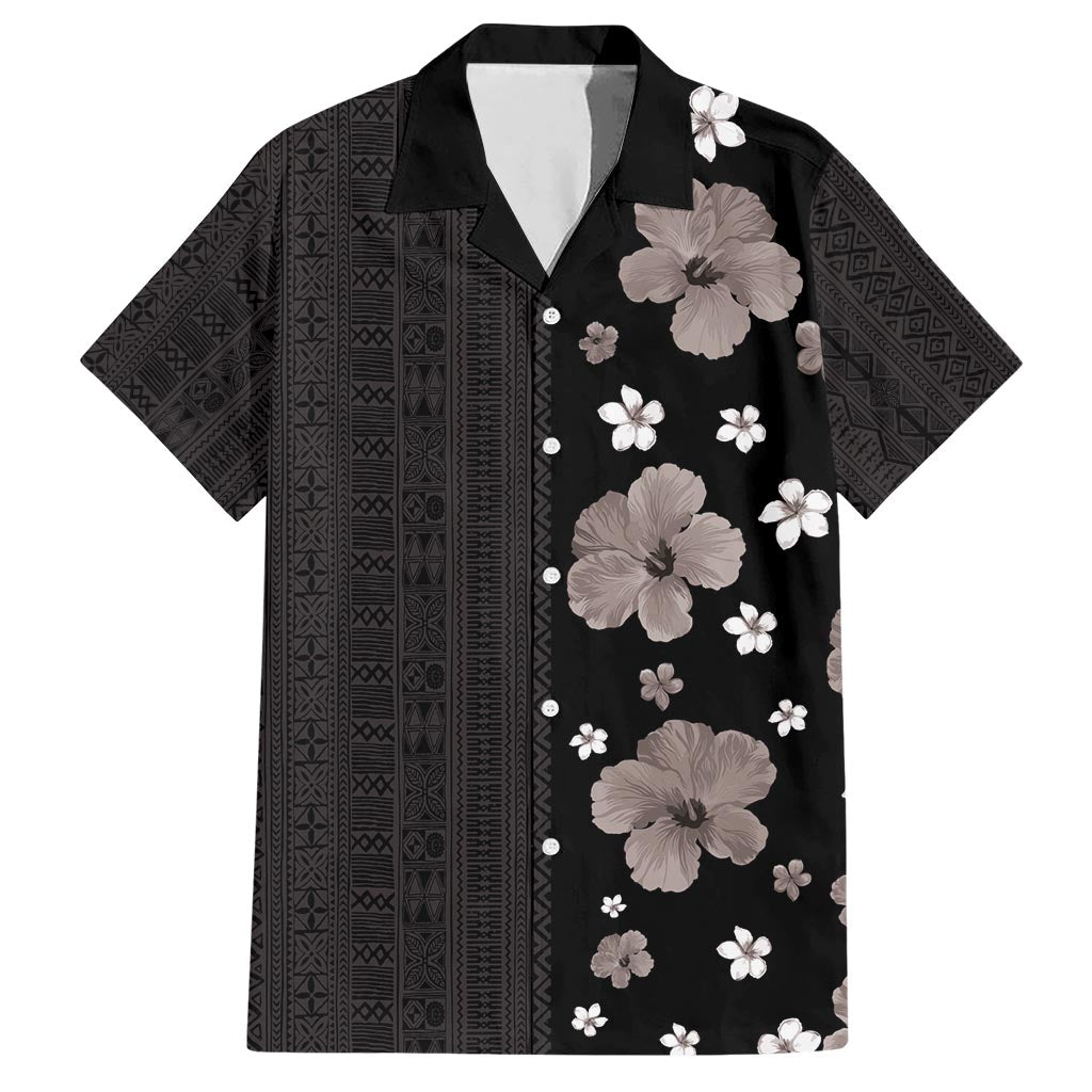 Hawaii Hibiscus and Plumeria Flowers Hawaiian Shirt Tapa Tribal Pattern Half Style Grayscale Mode