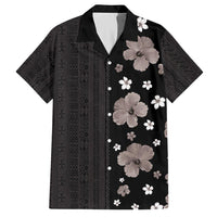 Hawaii Hibiscus and Plumeria Flowers Hawaiian Shirt Tapa Tribal Pattern Half Style Grayscale Mode LT03 Black - Polynesian Pride