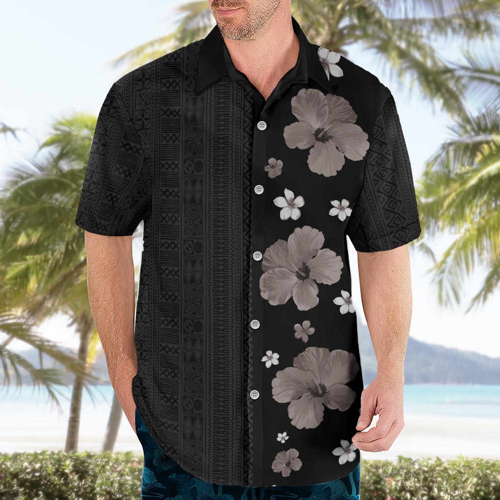 Hawaii Hibiscus and Plumeria Flowers Hawaiian Shirt Tapa Tribal Pattern Half Style Grayscale Mode LT03 - Polynesian Pride