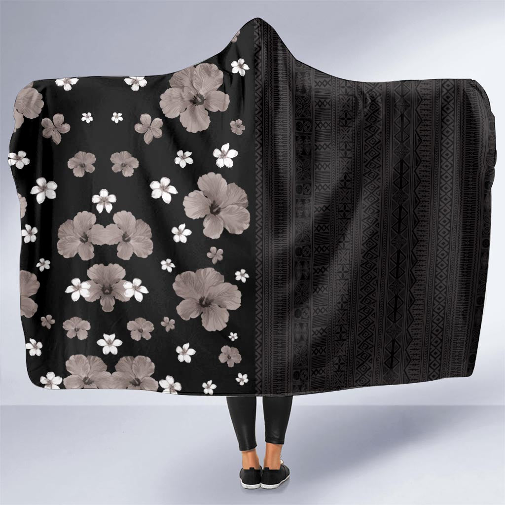 Hawaii Hibiscus and Plumeria Flowers Hooded Blanket Tapa Tribal Pattern Half Style Grayscale Mode LT03 One Size Black - Polynesian Pride