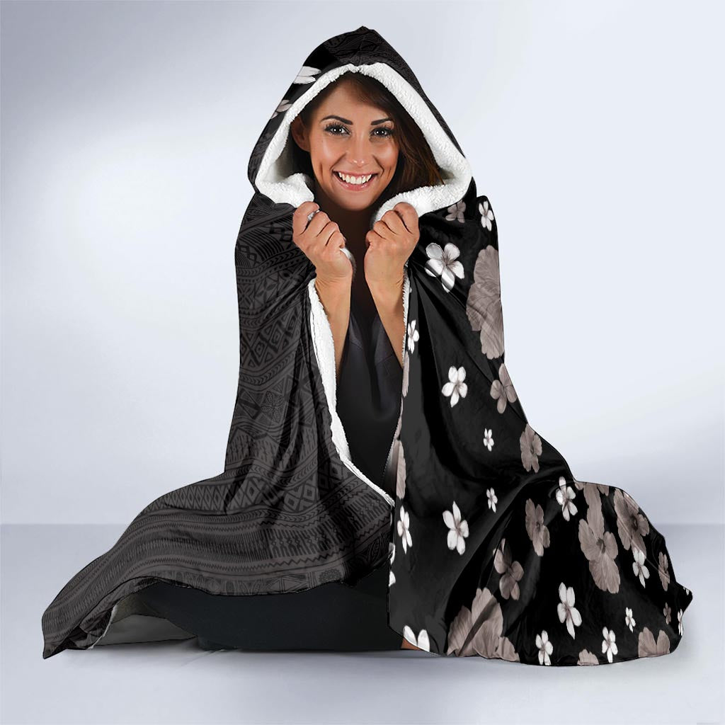 Hawaii Hibiscus and Plumeria Flowers Hooded Blanket Tapa Tribal Pattern Half Style Grayscale Mode LT03 - Polynesian Pride