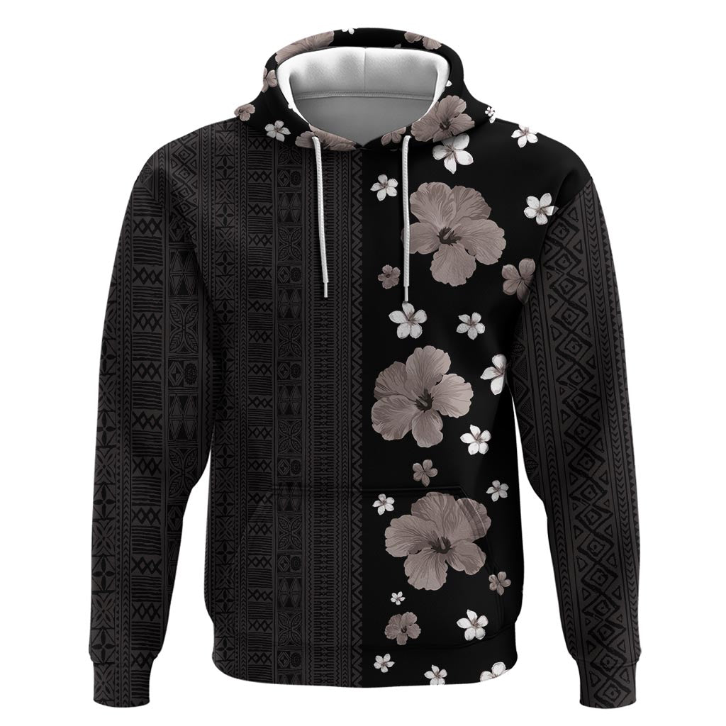 Hawaii Hibiscus and Plumeria Flowers Hoodie Tapa Tribal Pattern Half Style Grayscale Mode