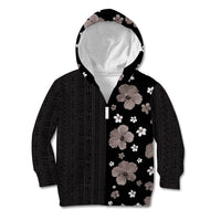 Hawaii Hibiscus and Plumeria Flowers Kid Hoodie Tapa Tribal Pattern Half Style Grayscale Mode