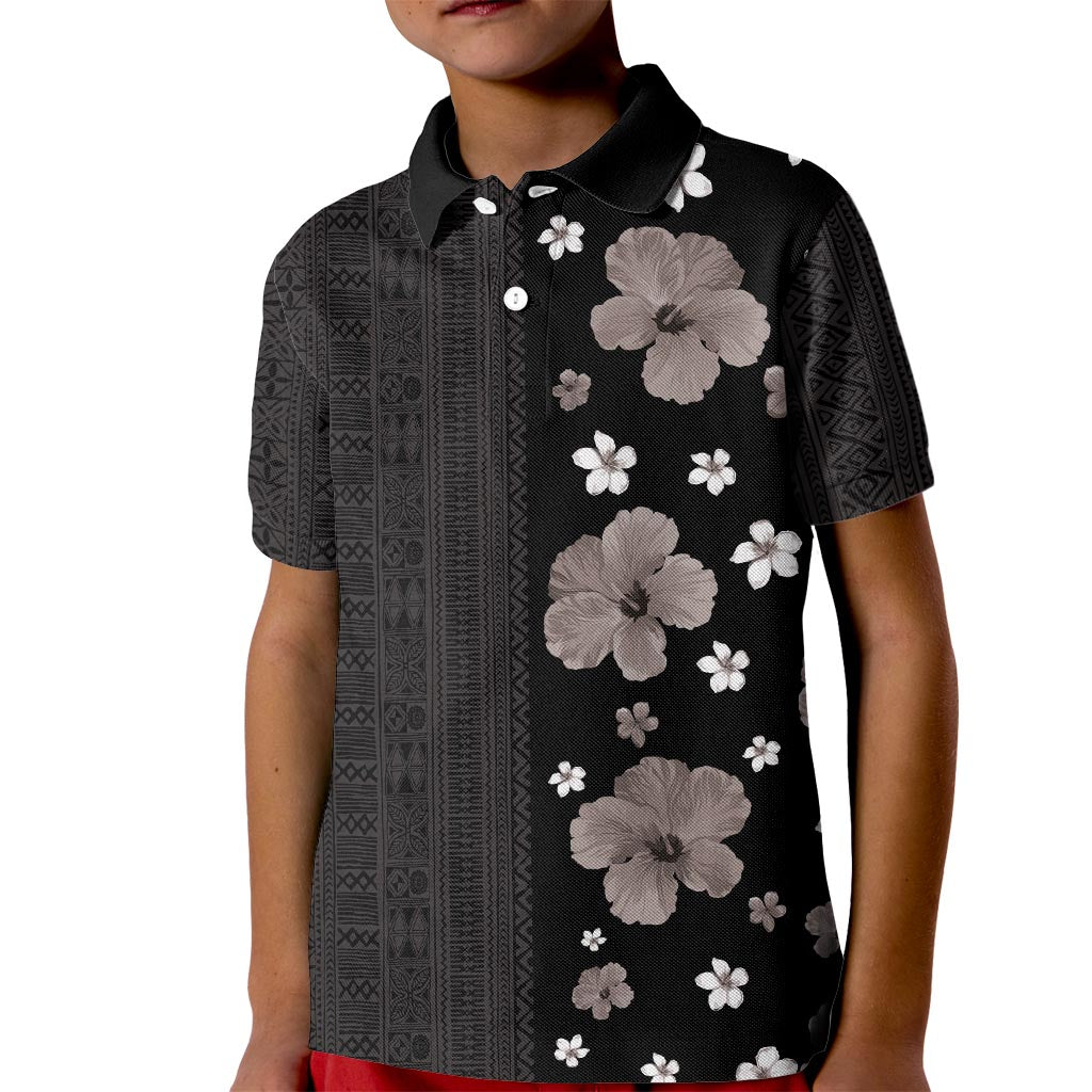 Hawaii Hibiscus and Plumeria Flowers Kid Polo Shirt Tapa Tribal Pattern Half Style Grayscale Mode