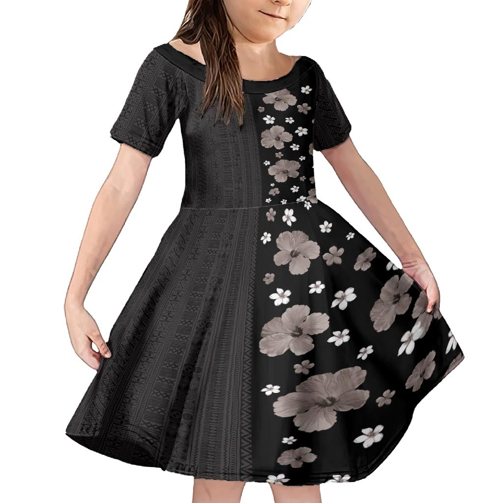 Hawaii Hibiscus and Plumeria Flowers Kid Short Sleeve Dress Tapa Tribal Pattern Half Style Grayscale Mode