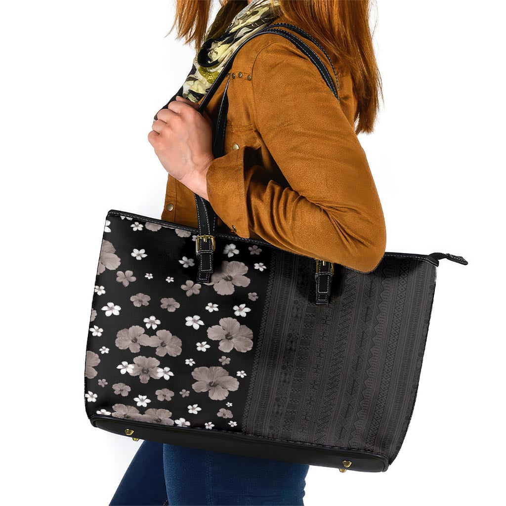 Hawaii Hibiscus and Plumeria Flowers Leather Tote Bag Tapa Tribal Pattern Half Style Grayscale Mode