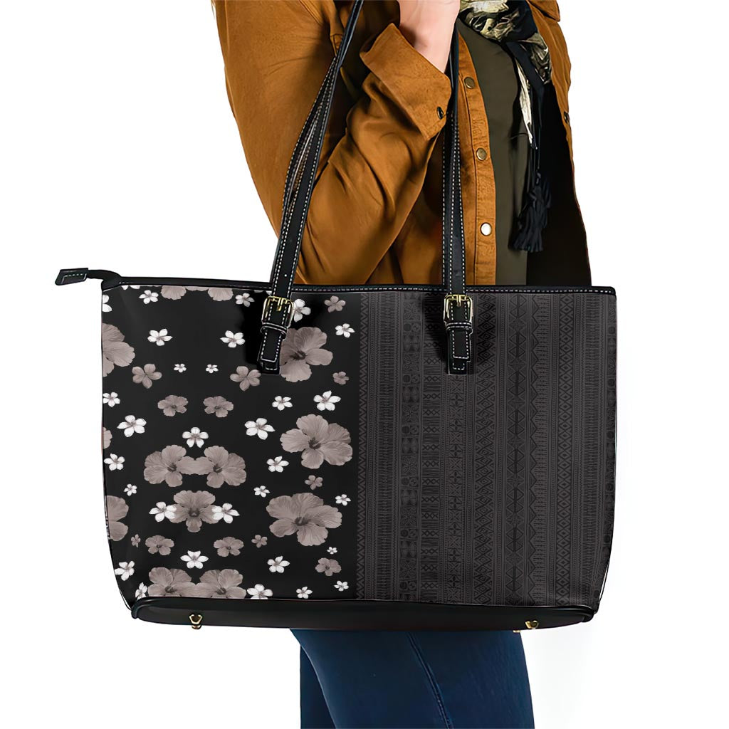 Hawaii Hibiscus and Plumeria Flowers Leather Tote Bag Tapa Tribal Pattern Half Style Grayscale Mode LT03 - Polynesian Pride