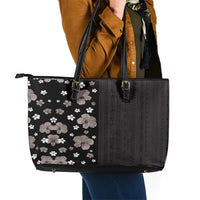 Hawaii Hibiscus and Plumeria Flowers Leather Tote Bag Tapa Tribal Pattern Half Style Grayscale Mode LT03 - Polynesian Pride