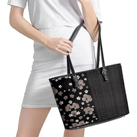 Hawaii Hibiscus and Plumeria Flowers Leather Tote Bag Tapa Tribal Pattern Half Style Grayscale Mode LT03 - Polynesian Pride