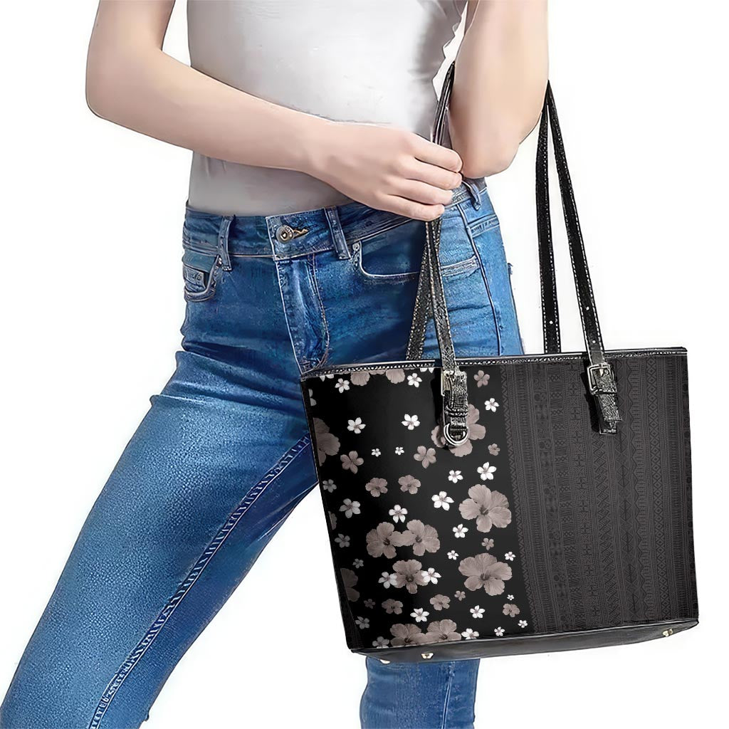 Hawaii Hibiscus and Plumeria Flowers Leather Tote Bag Tapa Tribal Pattern Half Style Grayscale Mode LT03 - Polynesian Pride