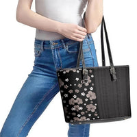 Hawaii Hibiscus and Plumeria Flowers Leather Tote Bag Tapa Tribal Pattern Half Style Grayscale Mode LT03 - Polynesian Pride
