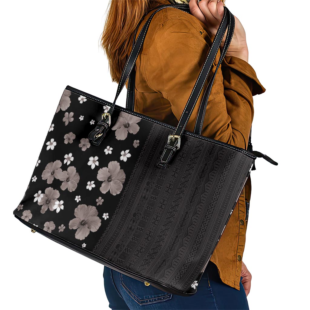 Hawaii Hibiscus and Plumeria Flowers Leather Tote Bag Tapa Tribal Pattern Half Style Grayscale Mode LT03 - Polynesian Pride