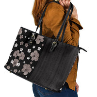 Hawaii Hibiscus and Plumeria Flowers Leather Tote Bag Tapa Tribal Pattern Half Style Grayscale Mode LT03 - Polynesian Pride