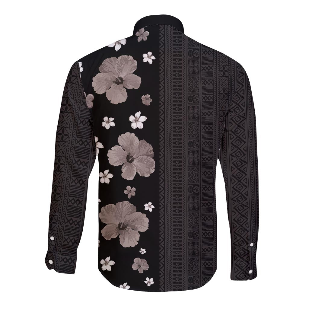 Hawaii Hibiscus and Plumeria Flowers Long Sleeve Button Shirt Tapa Tribal Pattern Half Style Grayscale Mode