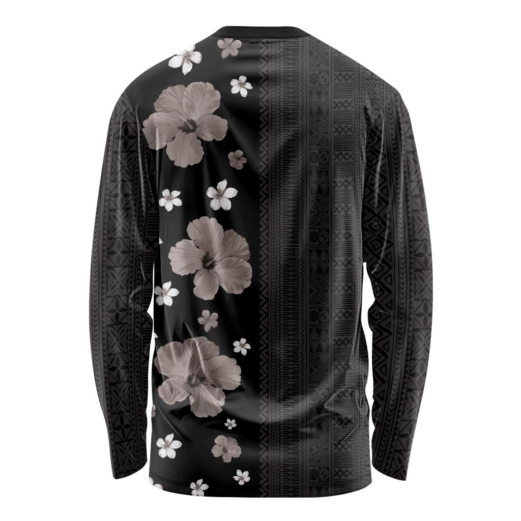 Hawaii Hibiscus and Plumeria Flowers Long Sleeve Shirt Tapa Tribal Pattern Half Style Grayscale Mode
