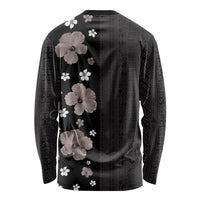 Hawaii Hibiscus and Plumeria Flowers Long Sleeve Shirt Tapa Tribal Pattern Half Style Grayscale Mode