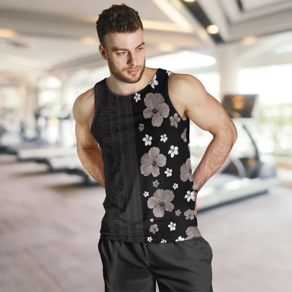 Hawaii Hibiscus and Plumeria Flowers Men Tank Top Tapa Tribal Pattern Half Style Grayscale Mode