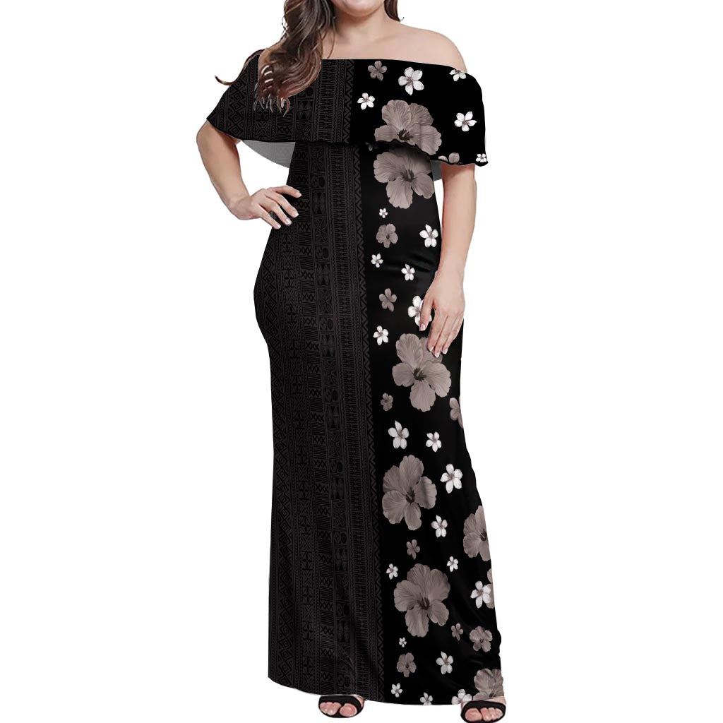 Hawaii Hibiscus and Plumeria Flowers Off Shoulder Maxi Dress Tapa Tribal Pattern Half Style Grayscale Mode LT03 Women Black - Polynesian Pride