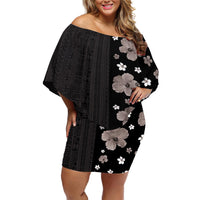 Hawaii Hibiscus and Plumeria Flowers Off Shoulder Short Dress Tapa Tribal Pattern Half Style Grayscale Mode LT03 Women Black - Polynesian Pride