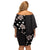 Hawaii Hibiscus and Plumeria Flowers Off Shoulder Short Dress Tapa Tribal Pattern Half Style Grayscale Mode