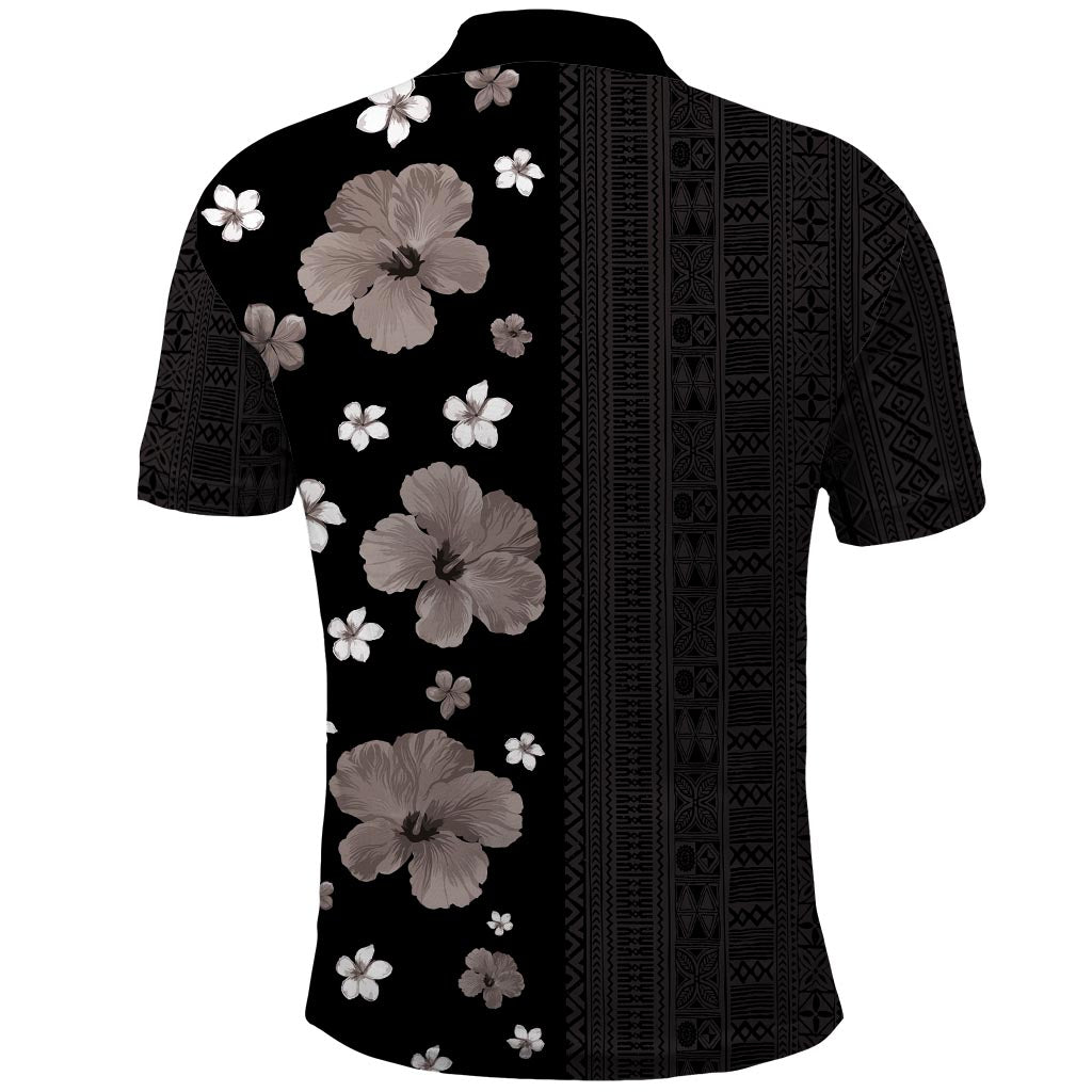 Hawaii Hibiscus and Plumeria Flowers Polo Shirt Tapa Tribal Pattern Half Style Grayscale Mode
