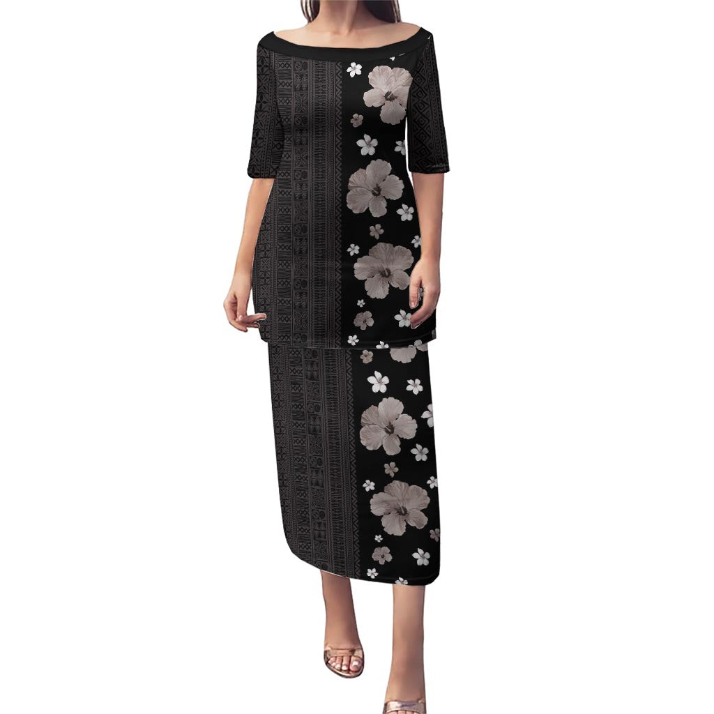 Hawaii Hibiscus and Plumeria Flowers Puletasi Tapa Tribal Pattern Half Style Grayscale Mode